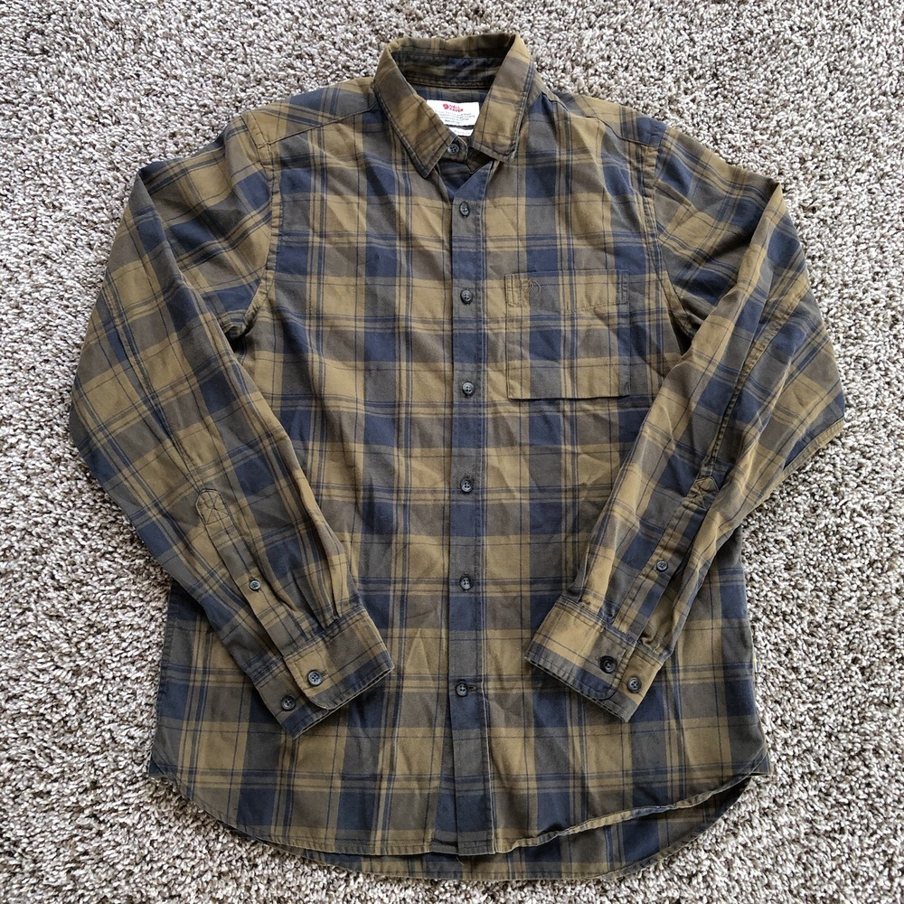 Fjallraven Ovik Flannel Shirt Mens Size Small Brown Blue Plaid Long Sleeve 81884